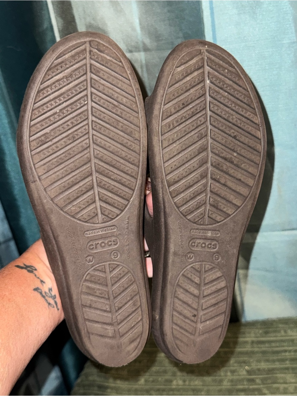 CROCS Women's Chocolate Brown and Tan Flip Sandals with Decorative Accent - Picture 3 of 3